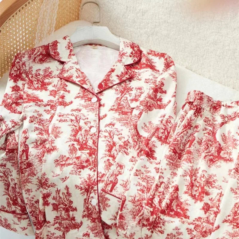 Print Fashion Women Pajama Set Satin Long Sleeve Suit Pyjamas