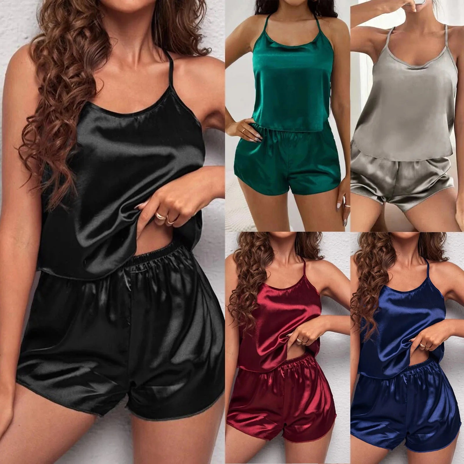 Women's Sleepwear Sexy Lace Satin Pajama Sets Nightwear Sleeveless Tops+Shorts 2Pcs Sets Pyjama Sets for Women Pijama Night Suit