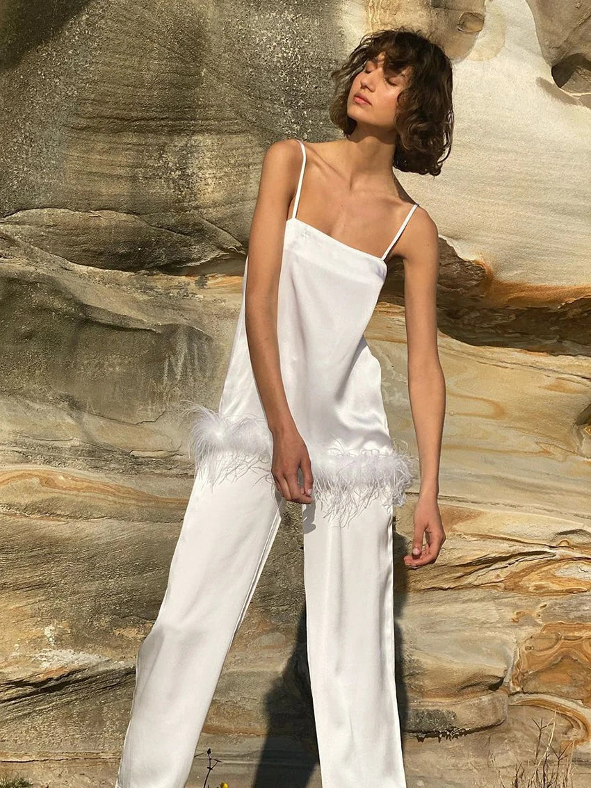 Satin Pajamas With Feathers Sleepwear Women Sets With Pants Black Spaghetti Strap Home Suit White Trouser Suits 2022