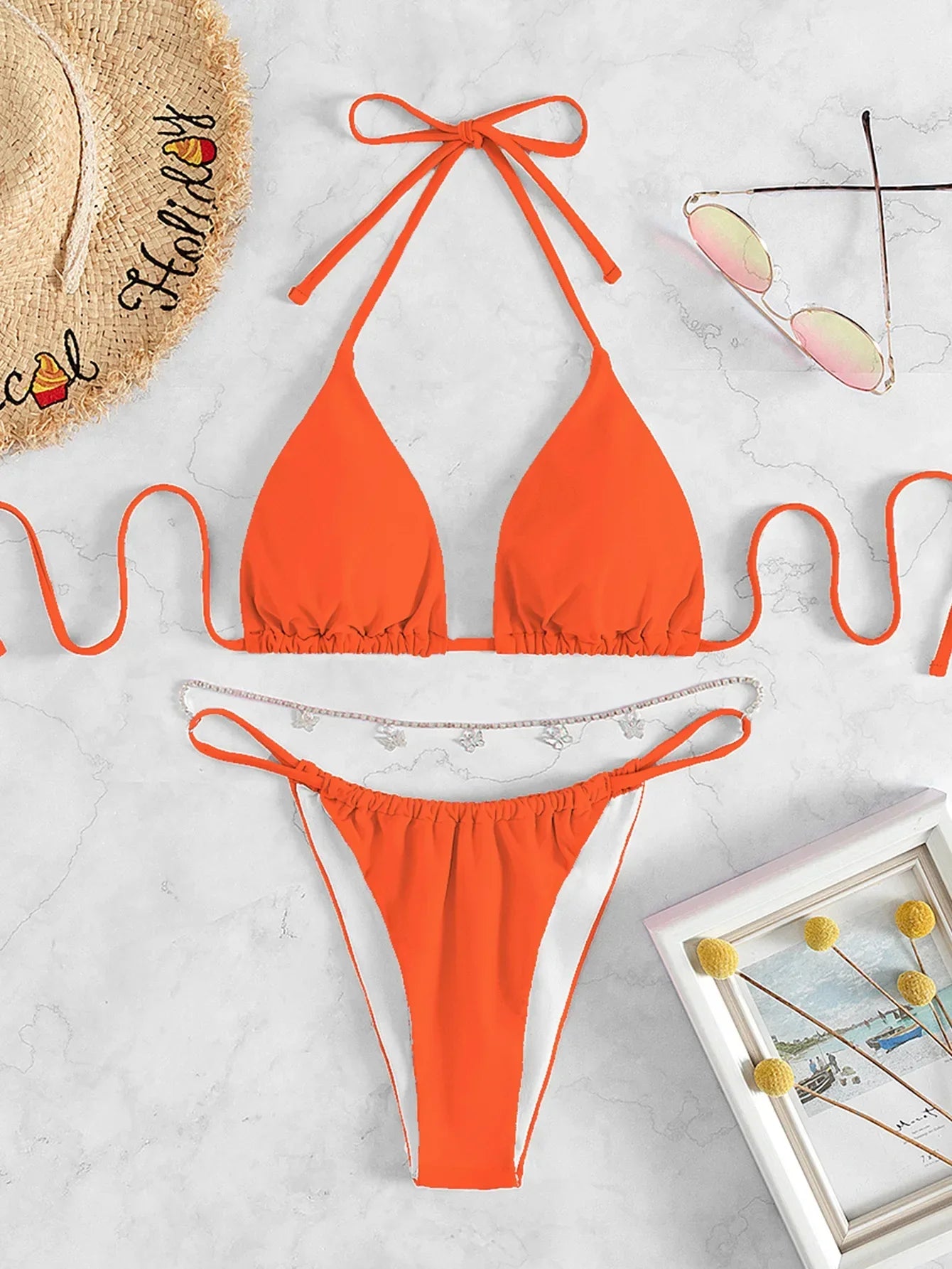 Sexy Micro Bikini Butterfly Metal Chain Bikini Set Women Solid Orange Push Up Thong Swimsuit Beach Bathing Suit Swimwear 2024 - GSINAS.com