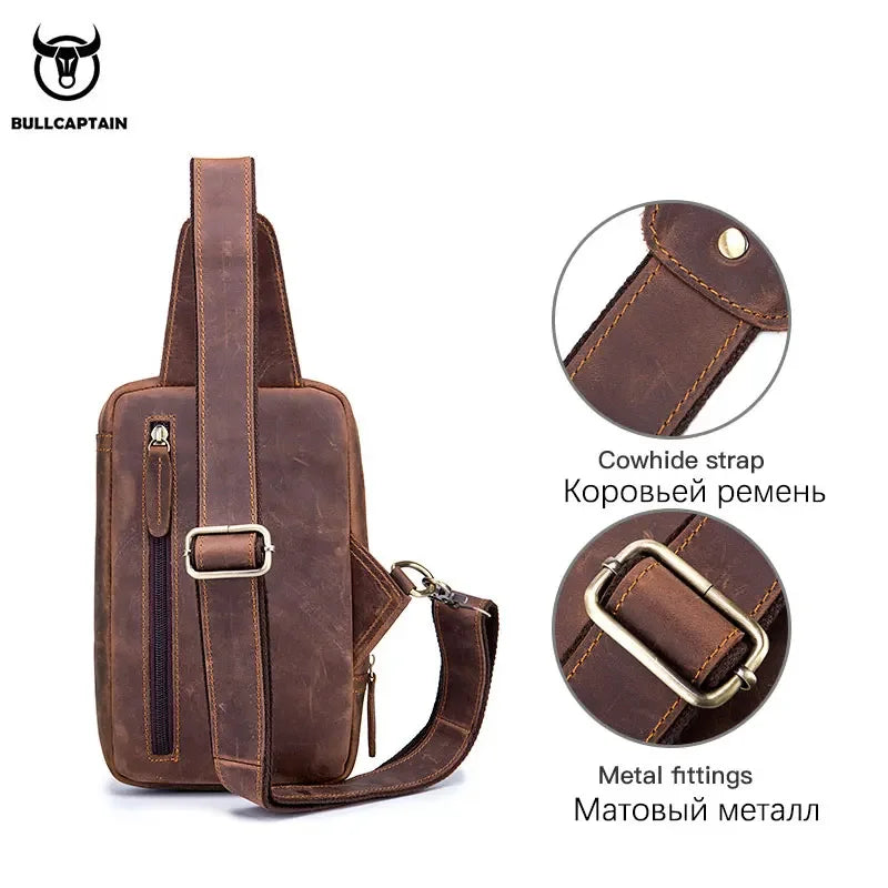 BULLCAPTAIN Men's Crossbody Bags Crazy Horse Leather Chest Bag's Leather Crossbody Bages Retro Men's Zip Pocket Short Travel Bag - GSINAS.com