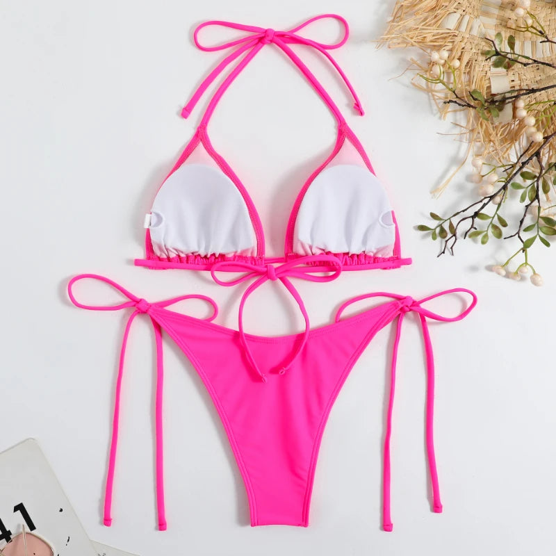 Sexy Women Thong Solid Color Bikini Set Side Halter Tie Swimsuit Ladies Split Strap Adjustable  Brazilian Swimwear Beachwear - GSINAS.com