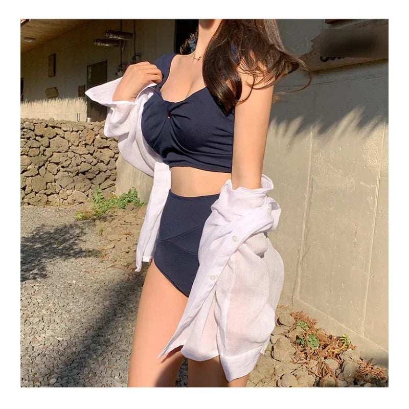 Woman Two-Piece Set Triangle BikiniS High Waist Swimsuit Korean Women's Solid Bikini Hot Spring Bathing Suit