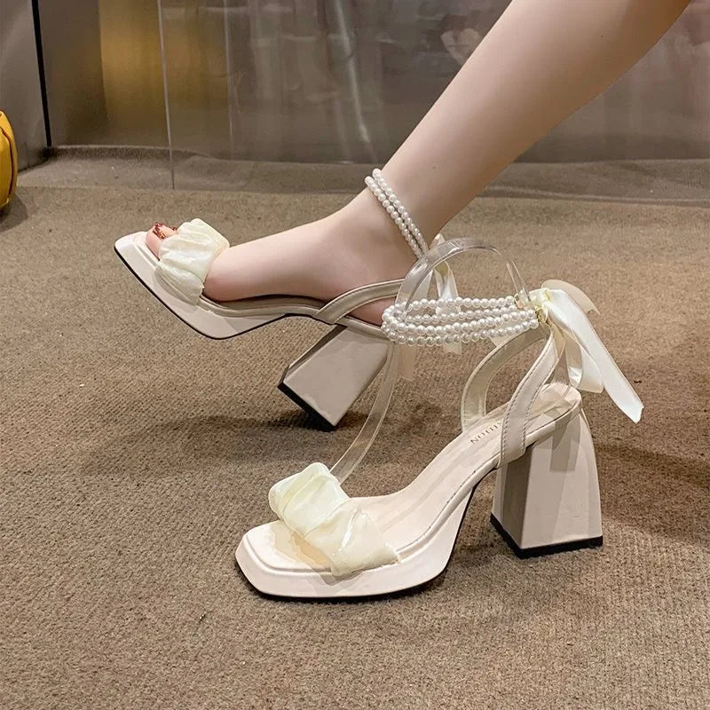 Fashion Comfort Shoes for Women: Pearl Sandals with Beige Increasing Height Block Heels - GSINAS.com