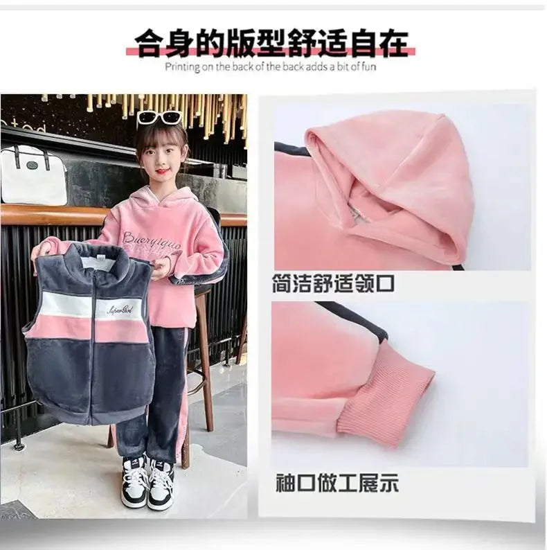 2024 winter girls tracksuit Autumn Toddler Teenager Clothes velvet jacket vest + hooded + strip Pant Children Kids 10 11 12 year - GSINAS.com