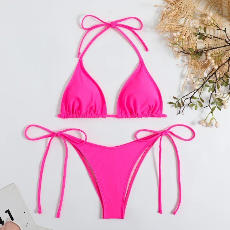 Sexy Women Thong Solid Color Bikini Set Side Halter Tie Swimsuit Ladies Split Strap Adjustable  Brazilian Swimwear Beachwear - GSINAS.com