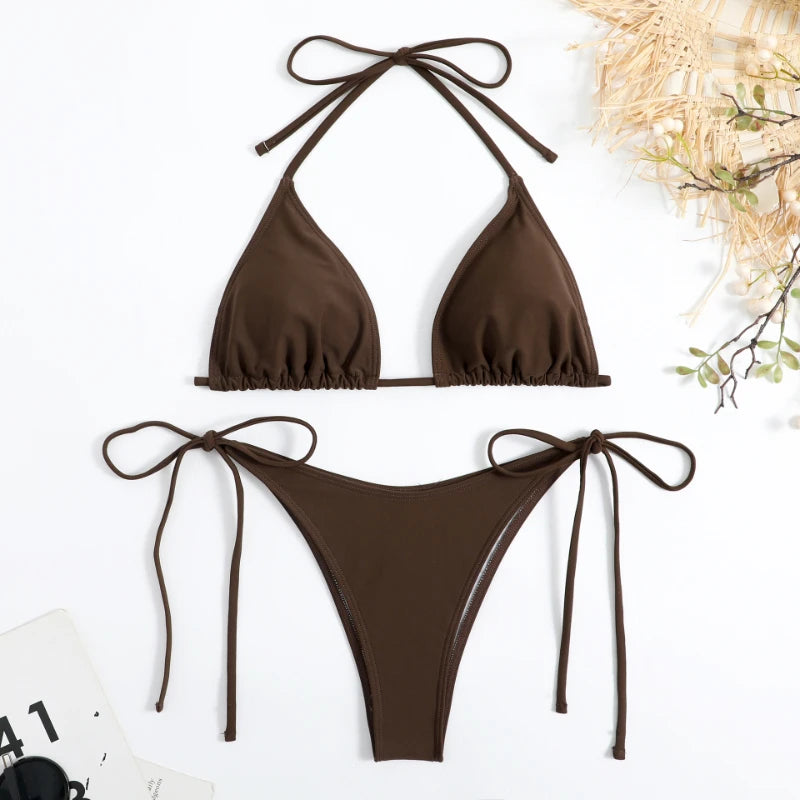 Sexy Women Thong Solid Color Bikini Set Side Halter Tie Swimsuit Ladies Split Strap Adjustable  Brazilian Swimwear Beachwear - GSINAS.com