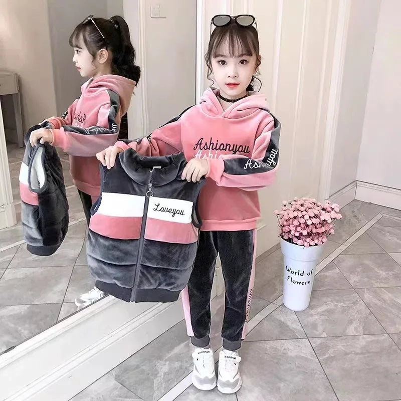 2024 winter girls tracksuit Autumn Toddler Teenager Clothes velvet jacket vest + hooded + strip Pant Children Kids 10 11 12 year - GSINAS.com