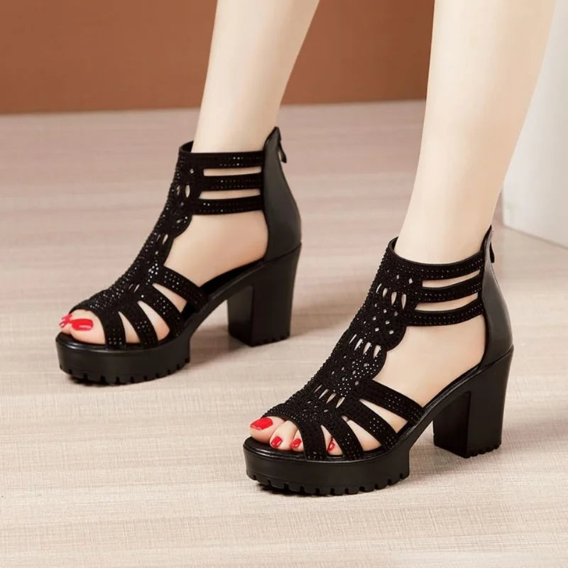 Summer Women's High Heel Hollow Roman Sandals: Casual Open Toe Fish Mouth Shoes with Striped Slim High-top Design