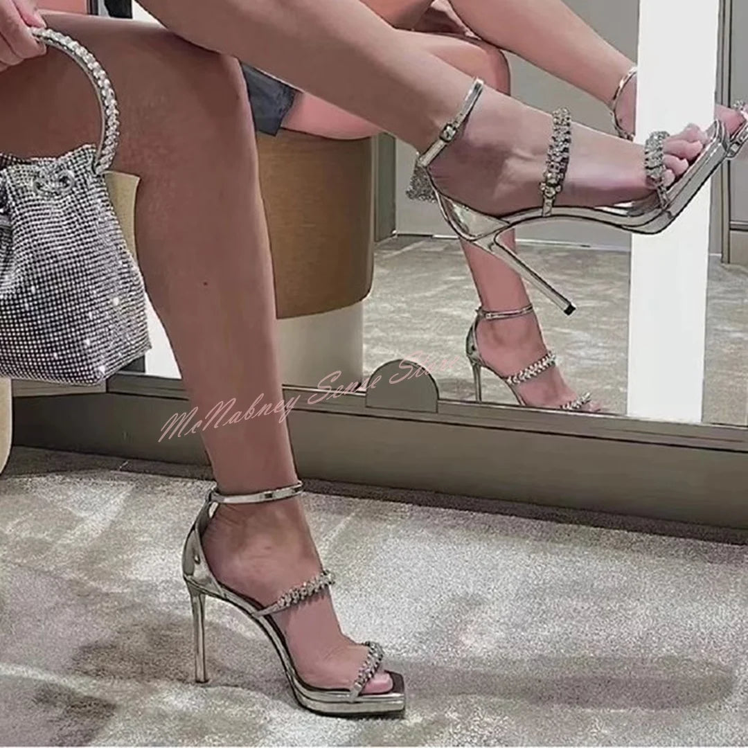 Rhinestone Chain Crystal Sandals: Platform Square Toe High Heels with Buckled Straps, Summer Women's Shoes - GSINAS.com