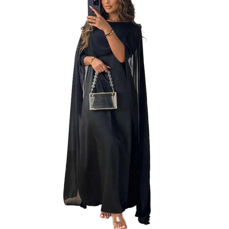 New Elegant Women Big Hem Long Dress Casual O Neck Solid Color Chiffon Loose Dress Muslim Ladies Shawl Sleeve Evening Dress Robe - GSINAS.com