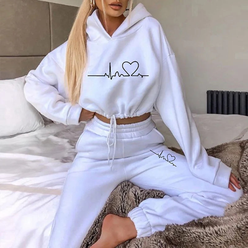 Loose Style Sweater Crop Top Women Two Piece Set 2023 Autumn Winter Fashion Long Sleeve Hooded Sports Casual Tracksuit for Lady - GSINAS.com