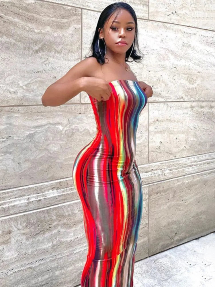 Spring And Summer Dresses For Women Chest Wrap Printed Off Shoulder Bandage Slim Sexy Long Dress 2023 New Fashion party MsChuh - GSINAS.com