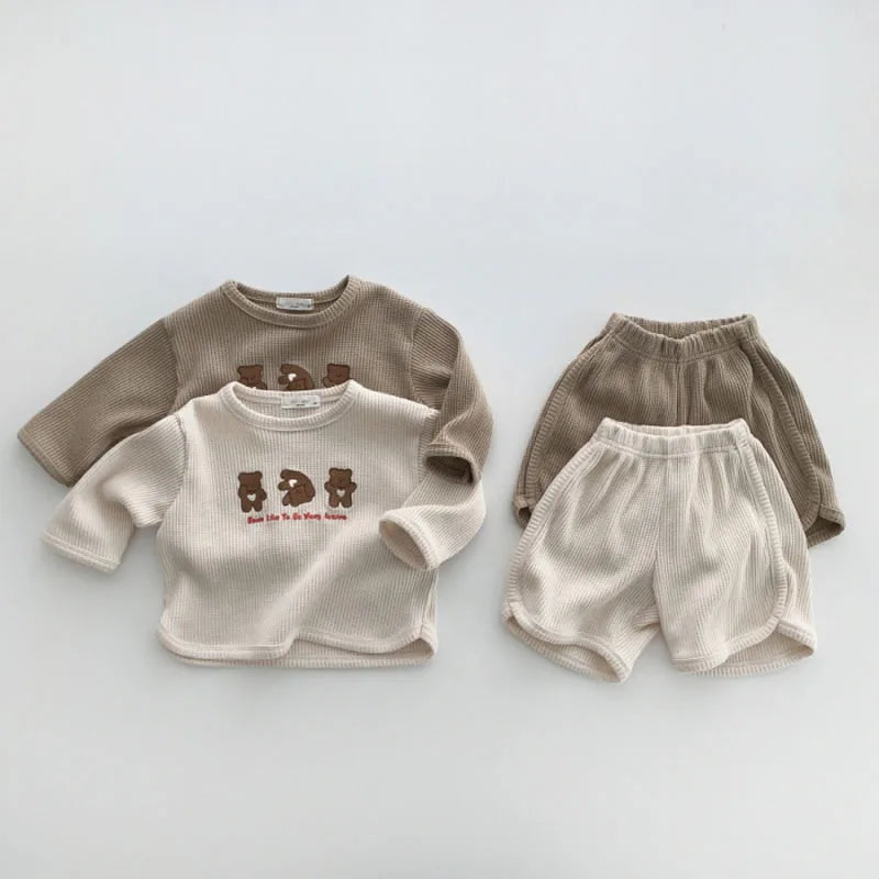 2024 Summer New Baby Bear Clothes Set Boy Girls Long Sleeve Waffle T Shirt + Shorts 2pcs Casual Outfits Cotton Children Suit - GSINAS.com