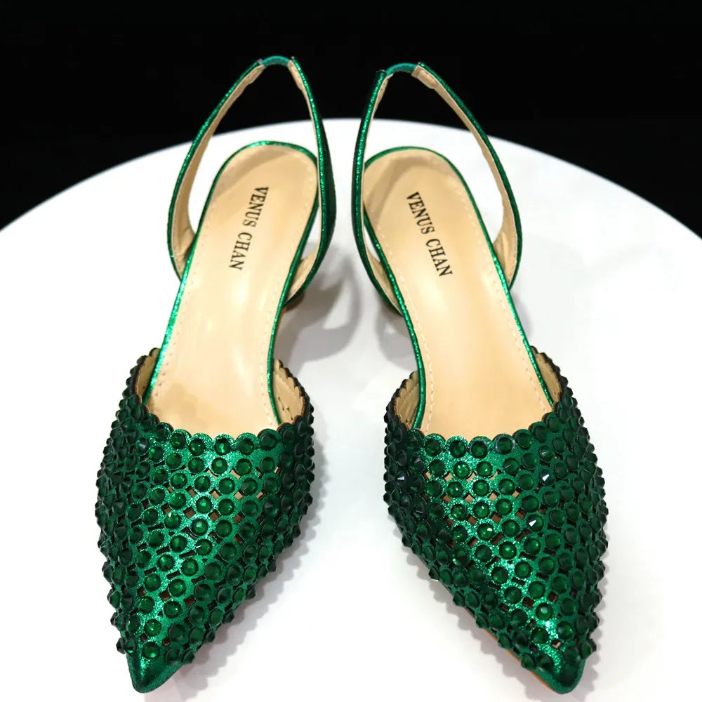 Venus Chan High Heels for Lady Luxury Designer Green Color Full Diamond Pointed Toe Wedding Shoe and Bag Set for Party
