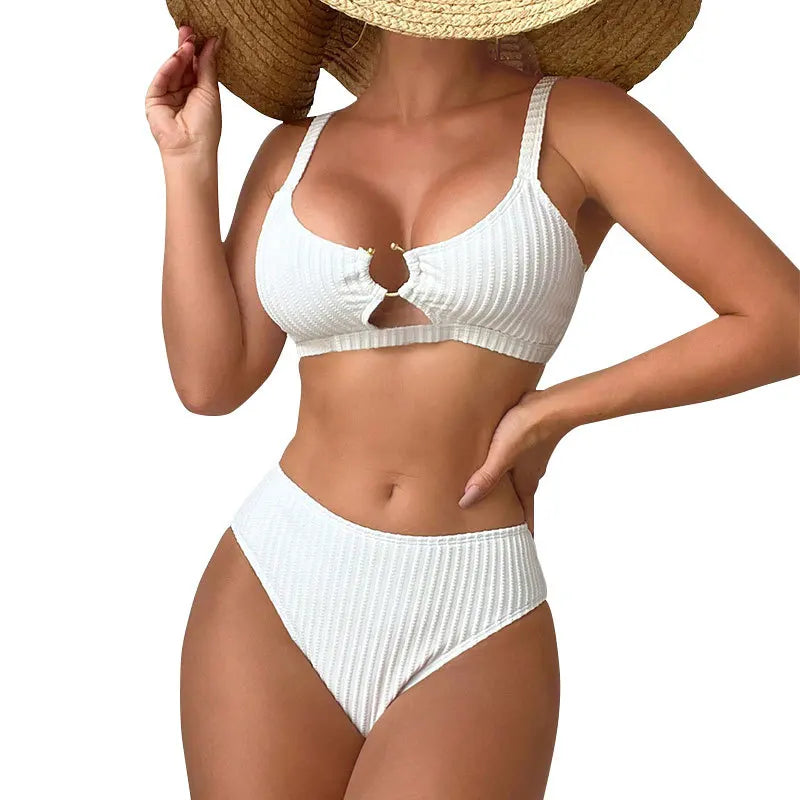 Two Piece Solid Color High Waist Women's Sexy Rib Bikini Swimsuit Suit - GSINAS.com