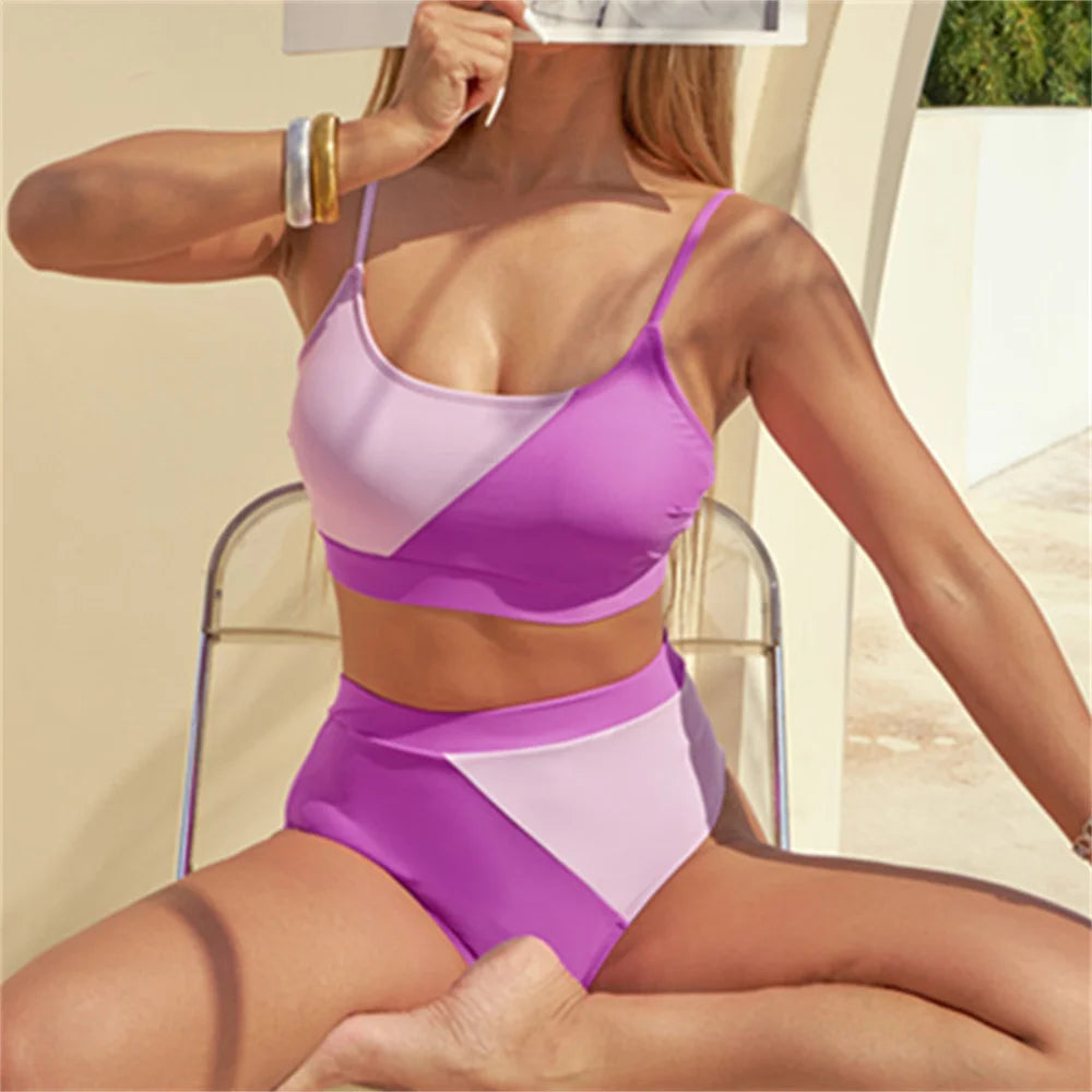 High Waisted Lavender Bikini Splicing Swimsuit Patchwork Sexy Women Swimwear Thong Two Piece Bathing Beach Suit Vacation Outfits - GSINAS.com