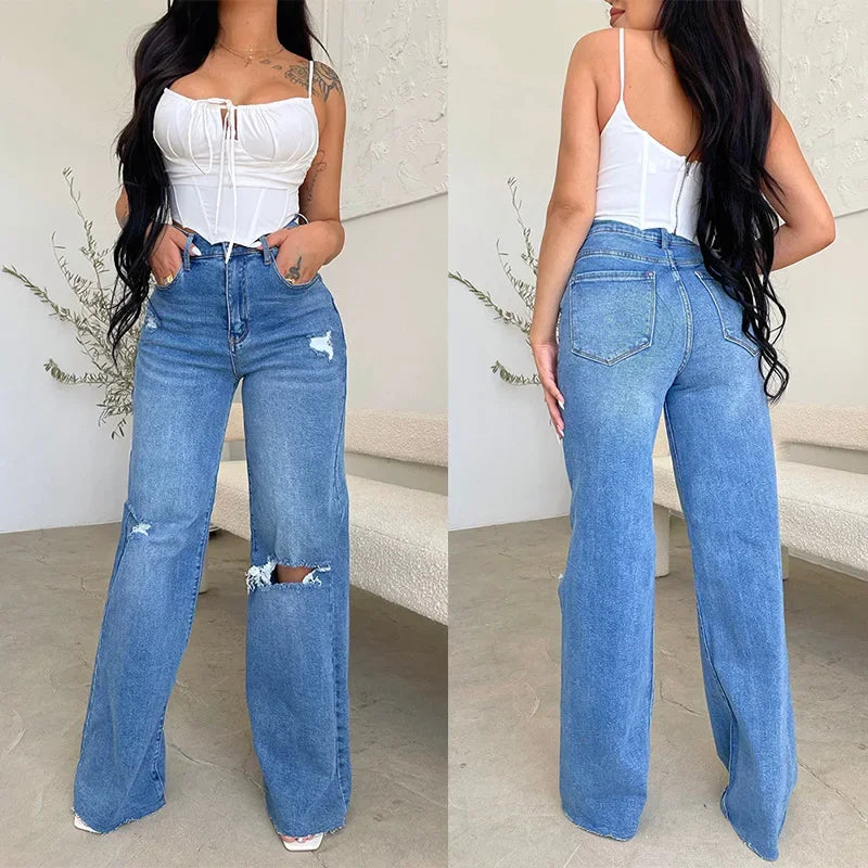 Ripped, Frayed, Comfortable High-Waisted Wide Leg Denim