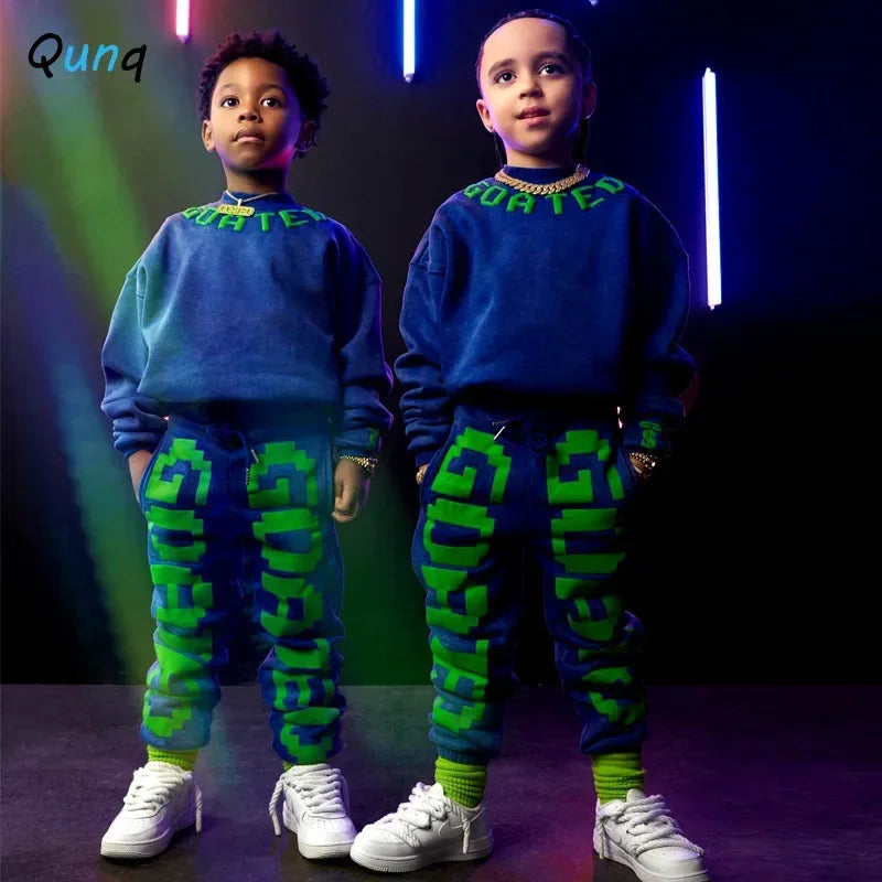 Qunq 2023 Autumn Winter New Girls Boys Long Sleeve Print Pullover Top + Pants 2 Pieces Set Sporty Casual Kids Clothes Age 3T-8T - GSINAS.com