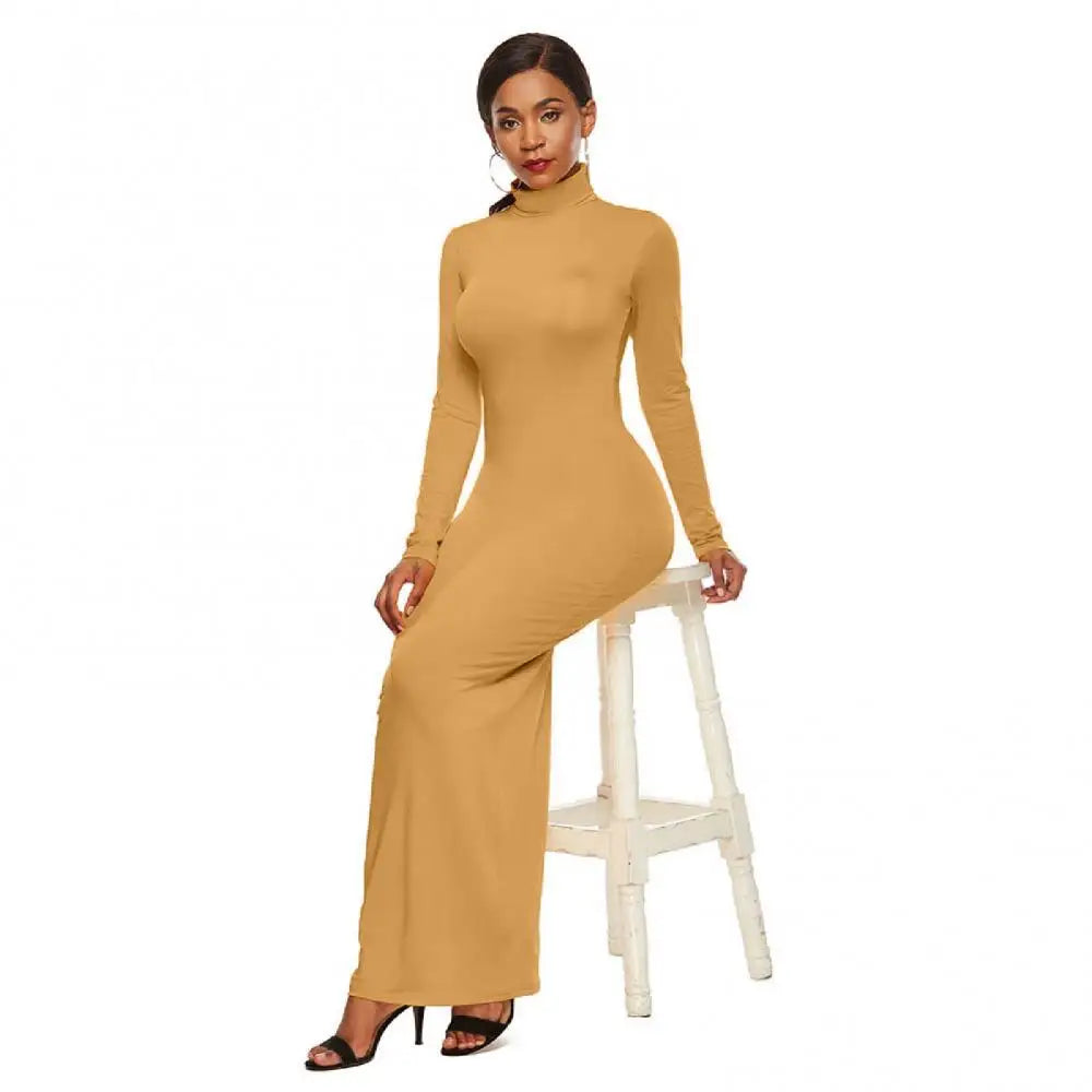 Women Long Dresses Plus Size Party Solid Color Turtleneck Bodycon - GSINAS.com