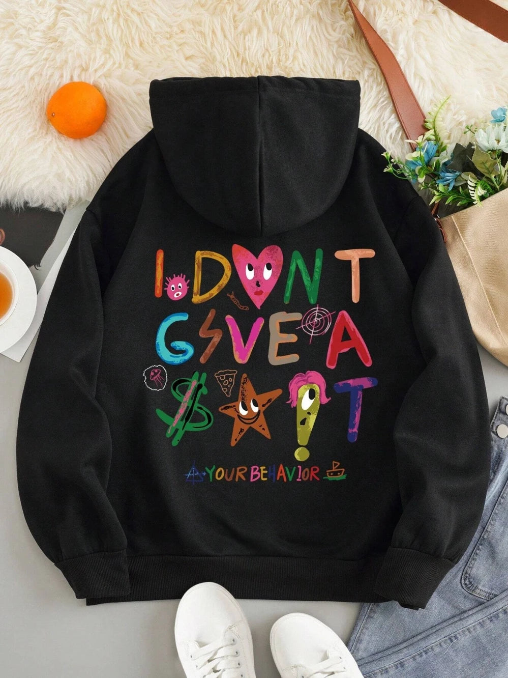 I don't Gsvea Sait Your Be Havior Funny Letter Womens Hoody Korean Fleece Sweatshirt Crewneck Hooded Street Oversize Clothes - GSINAS.com