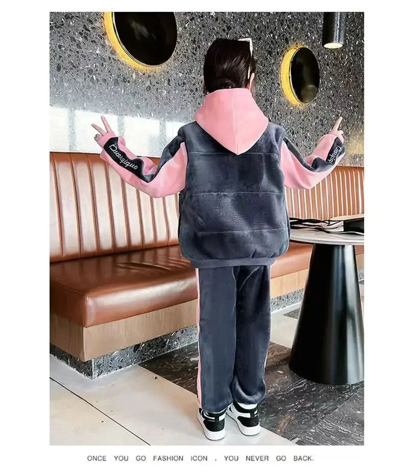 2024 winter girls tracksuit Autumn Toddler Teenager Clothes velvet jacket vest + hooded + strip Pant Children Kids 10 11 12 year - GSINAS.com