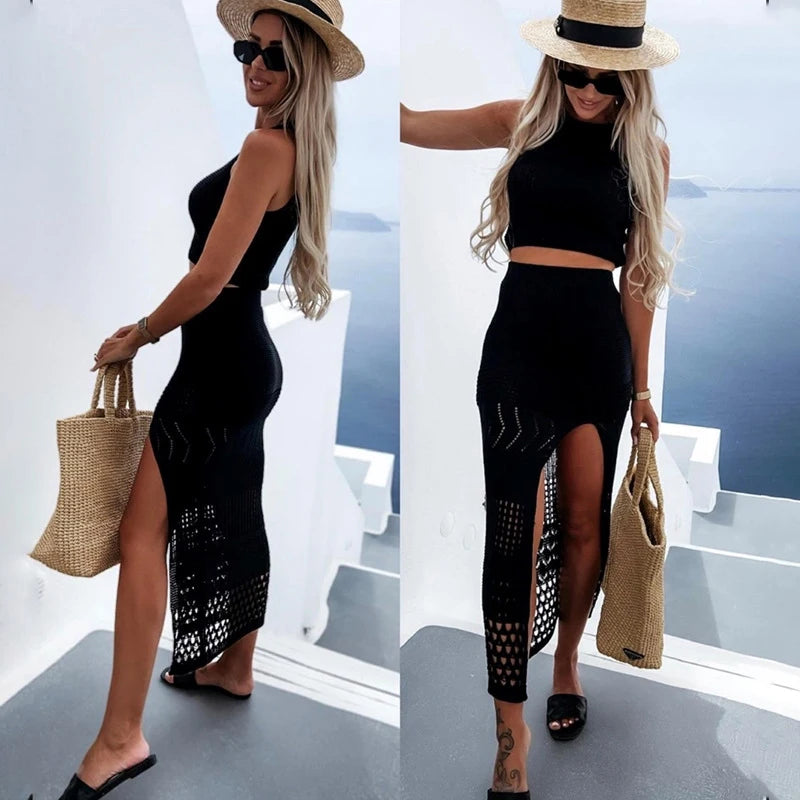 Beachwear Women Summer Dress Vacation Outfits for 2023 New Ladies Split Skirt Two Piece Solid Spandex Beach CoverUp - GSINAS.com