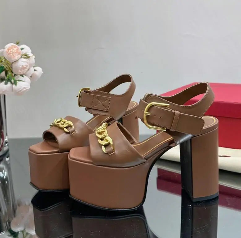 Sandal Shoes High Heel Platform Metal Chain Strap Party Shoe Squared Toe T-show Sapatos Chic Fashion Shoe - GSINAS.com