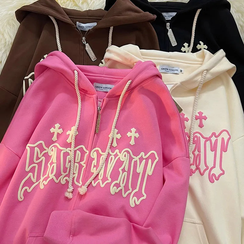 Goth Embroidery Hoodies Women High Street Harajuku Retro Hip Hop Zip Up Hoodie Loose Man Sweatshirt Hoodie Clothes Y2K Hoodie