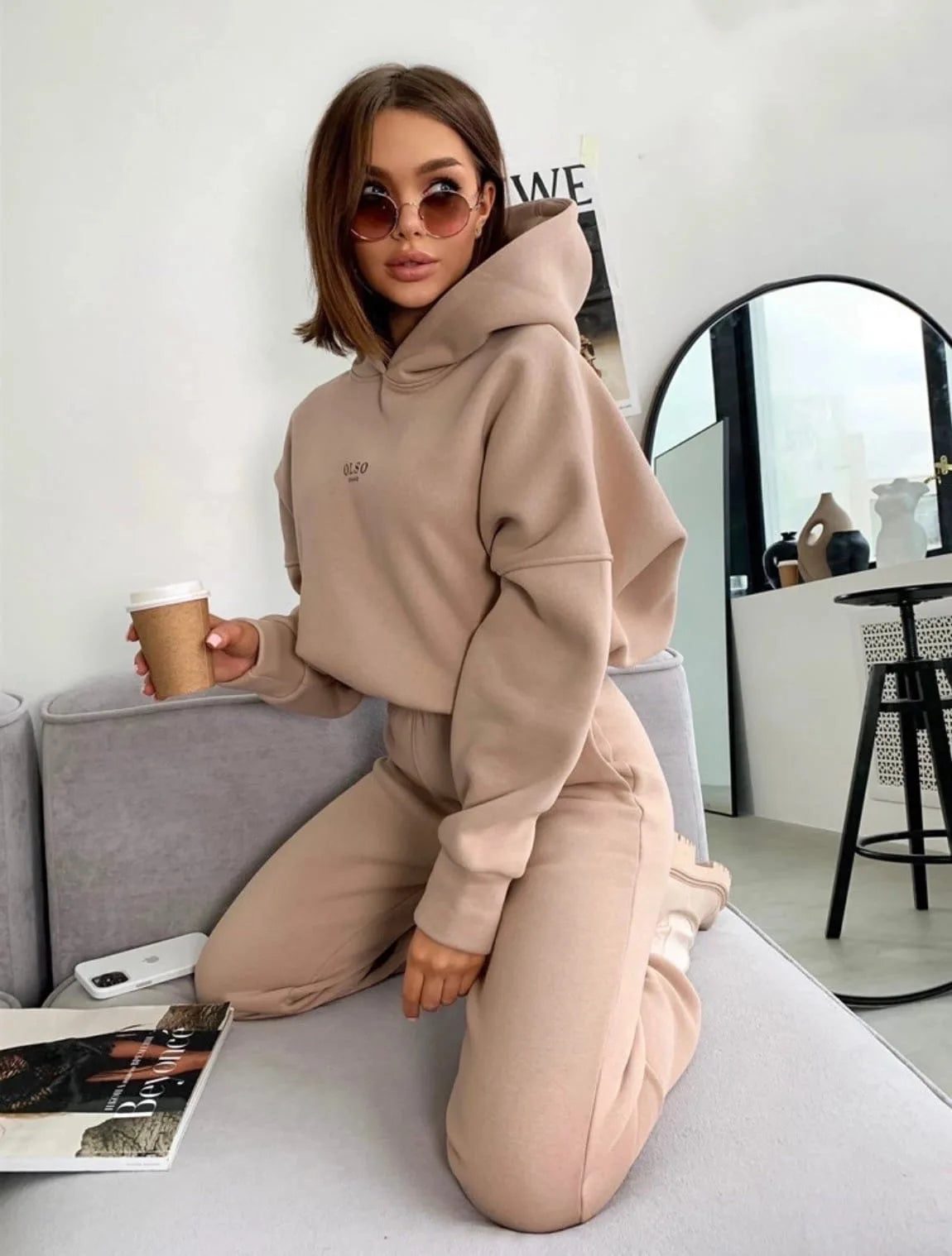 Women 2 Piece Set Autumn Sport Outfits Fleece Oversize Sweatshirt Suit Solid Long Sleeve Hooded Top Elastic Waist Pant Lady