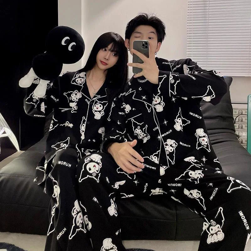 Sanrio Kuromi Cartoon Couple Pajamas Women Men Spring Autumn Cotton Long Sleeve Top Shirt Pants 2 Piece Set Y2k Sleepwear Suit
