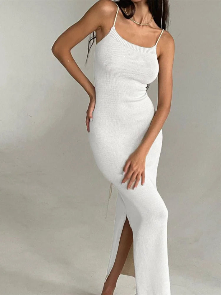 Elegant Knitted Long White Dress Women Hot Sexy Spaghetti Straps Backless Bodycon Maxi Dress Lace-Up Slit Dress Party Outfits - GSINAS.com