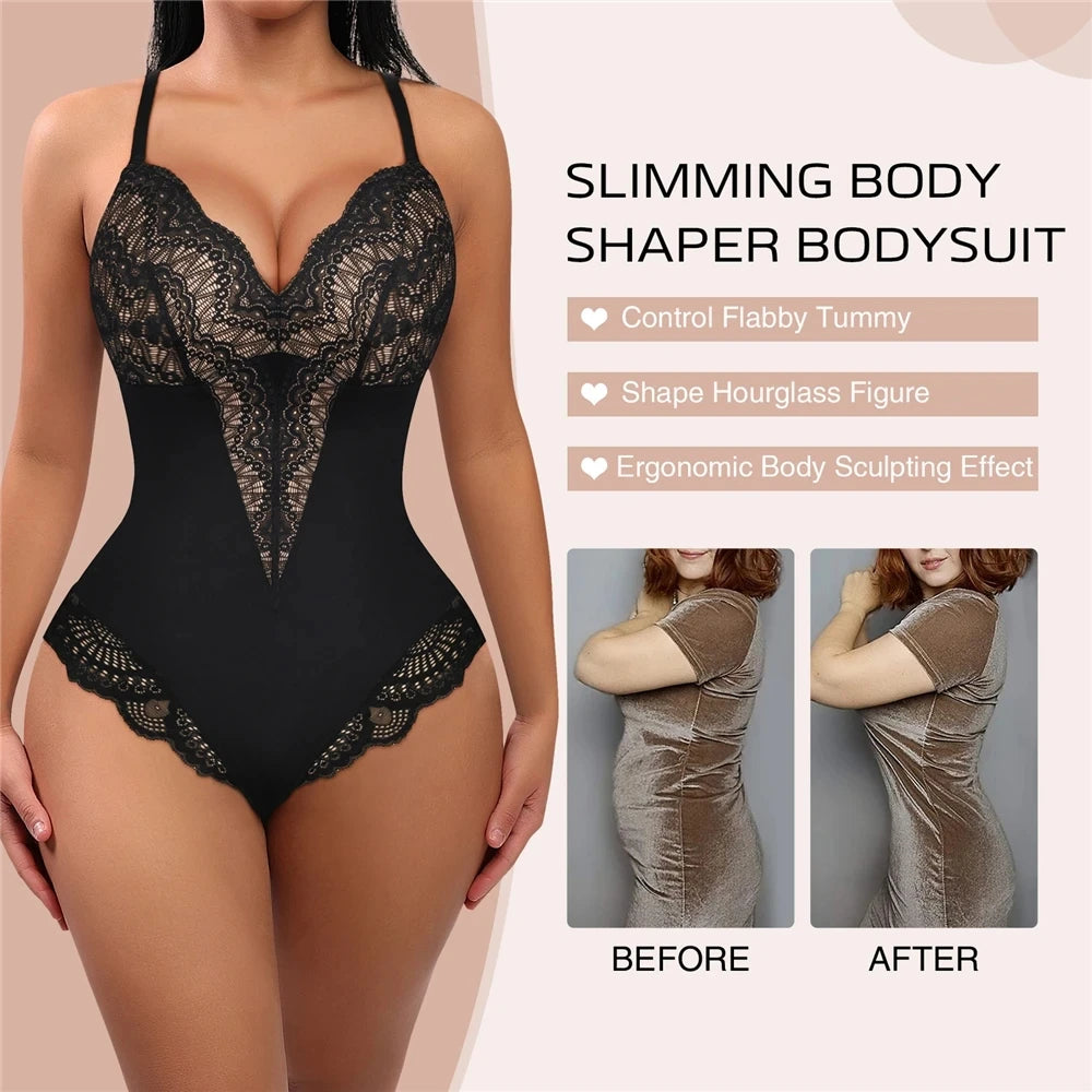 Lace Tummy Control Shapewear Bodysuit - Fajas Colombianas Backless V Neck Tank Top for Slimming Underwear. - GSINAS.com