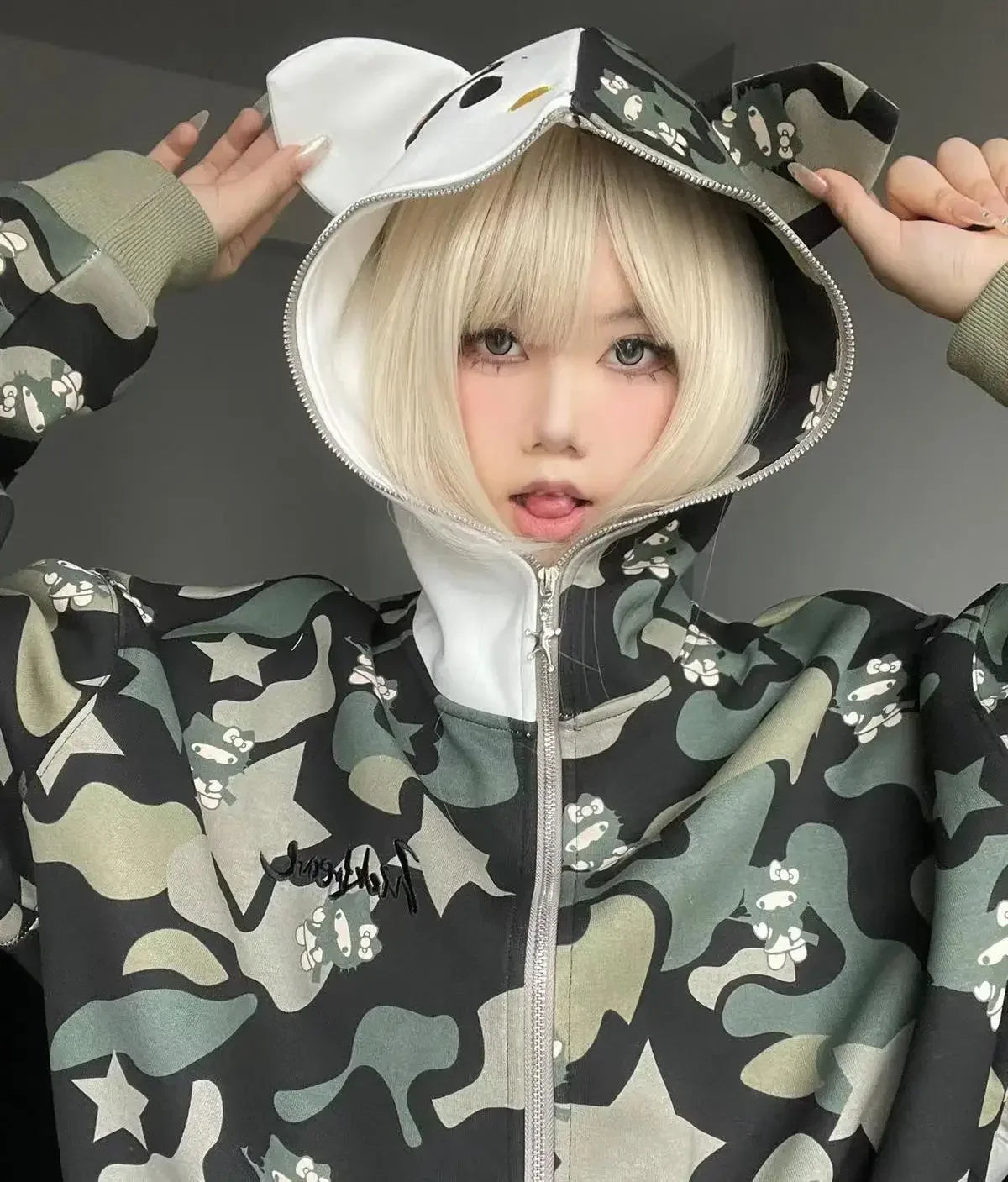 Japanese Y2k Clothing Versatile Hoodies Patchwork Hoodie Full Zip Kawaii Clothes Couple Harajuku Cat Ears Decoration Camouflage