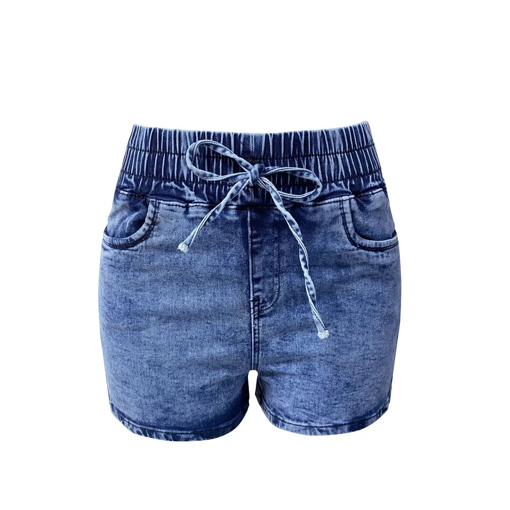 Women's Summer Denim Shorts - Elastic Waist & Bandage