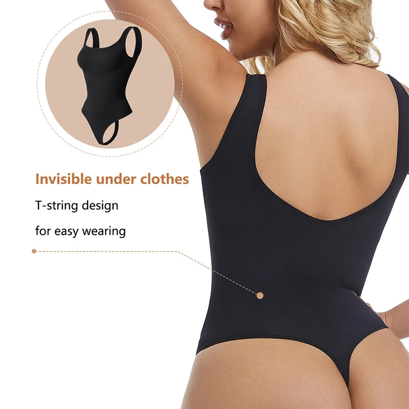 Square Neck Thong Bodysuit - Shapewear Tank Top with Sculpting and Tummy Control - GSINAS.com