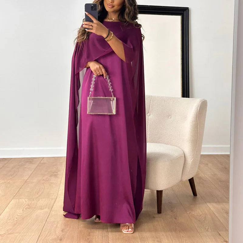 New Elegant Women Big Hem Long Dress Casual O Neck Solid Color Chiffon Loose Dress Muslim Ladies Shawl Sleeve Evening Dress Robe - GSINAS.com