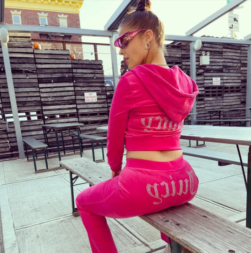 Winter Juicy Velvet Tracksuit 2 Pieces Set Hoodie Suit Women Juic Velour Sweatshirt and Pants with Diamonds Y2k Clothes - GSINAS.com