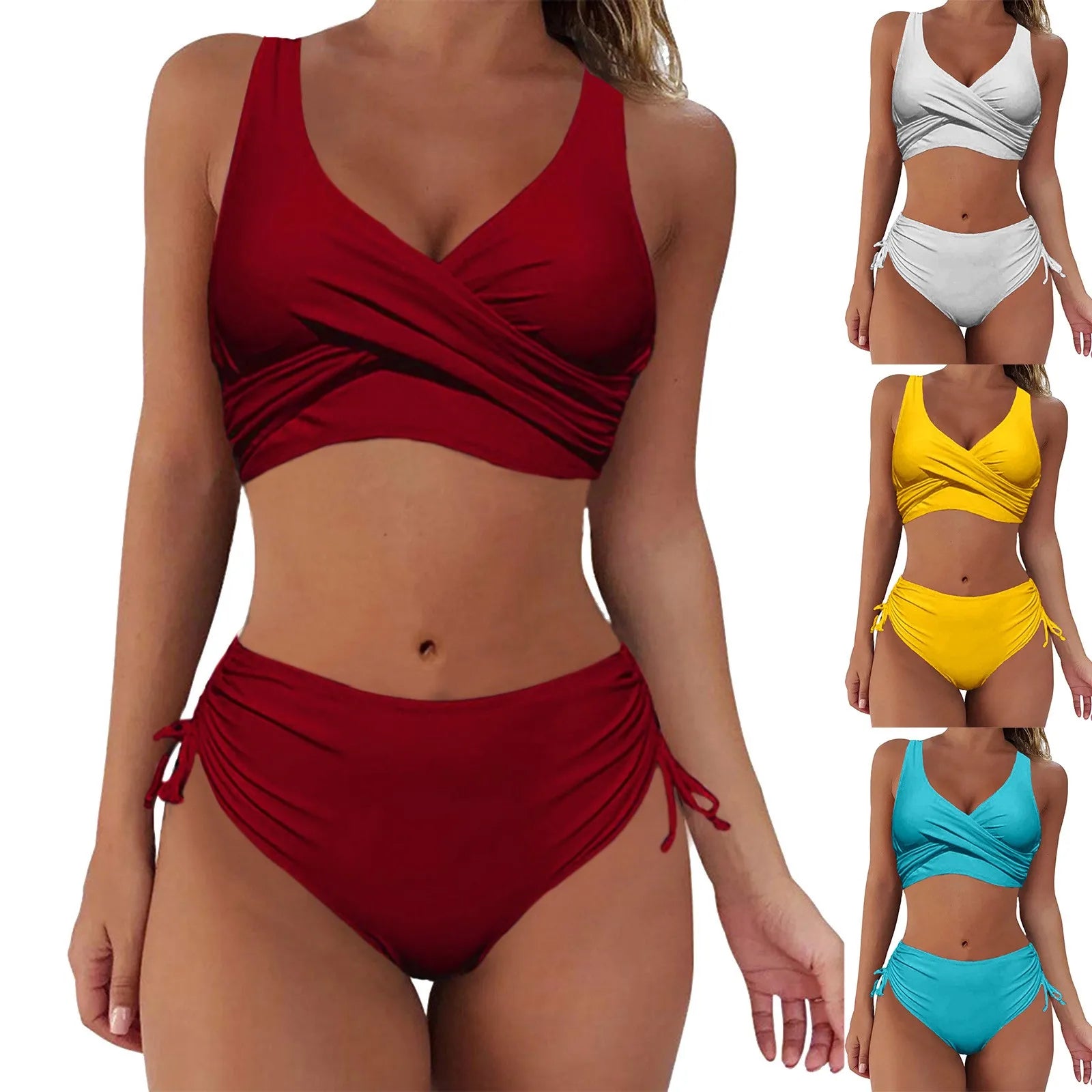 Womens New Fashion 2pcs Bikini Swimsuit Solid Color Wrinkled Tankini Suit Swimwear Summer Aloha Casual Beach Wear Bathing Suit - GSINAS.com