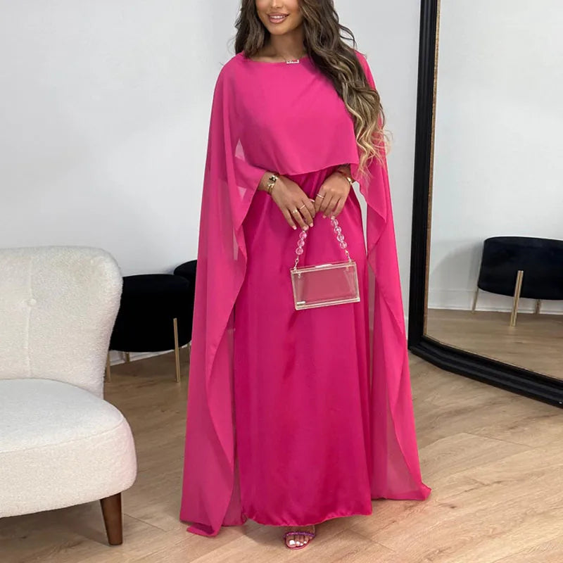 New Elegant Women Big Hem Long Dress Casual O Neck Solid Color Chiffon Loose Dress Muslim Ladies Shawl Sleeve Evening Dress Robe - GSINAS.com