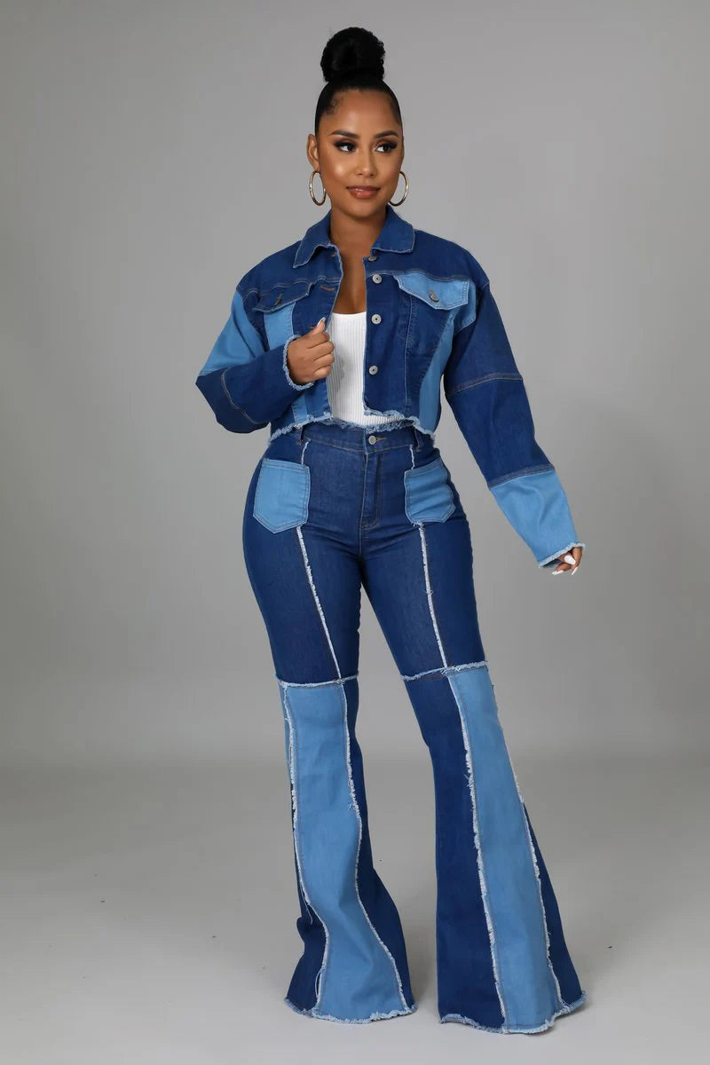 Denim Patchwork Vintage Short Jacket Two Piece Set