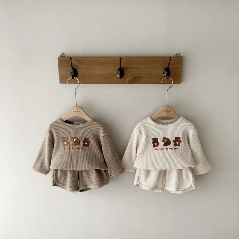 2024 Summer New Baby Bear Clothes Set Boy Girls Long Sleeve Waffle T Shirt + Shorts 2pcs Casual Outfits Cotton Children Suit - GSINAS.com