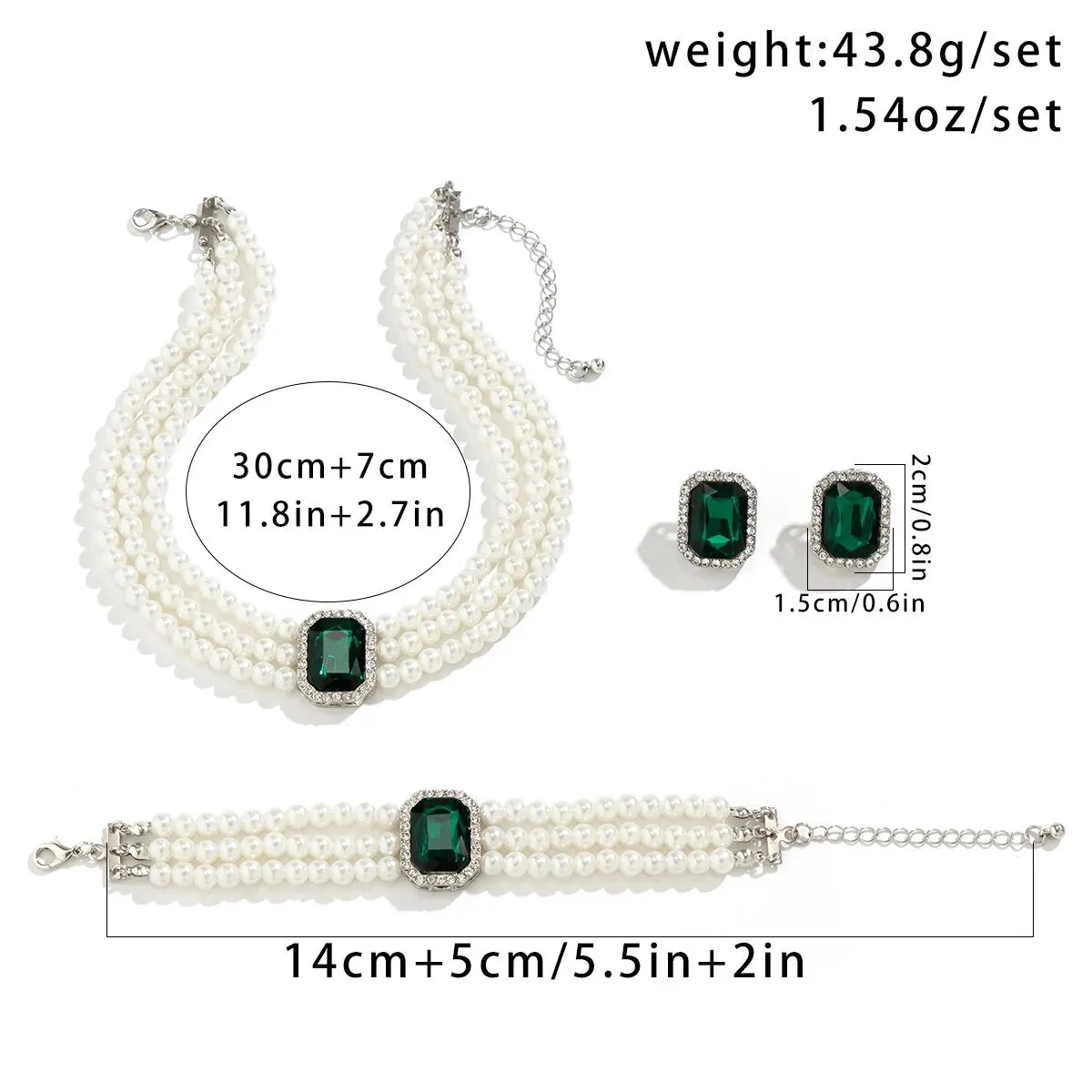 3Pcs Multilayer Imitation Pearl Crystal Chain Necklace Bracelet Women Wedding Bridal Goth Stud Earrings Jewelry Set Accessories