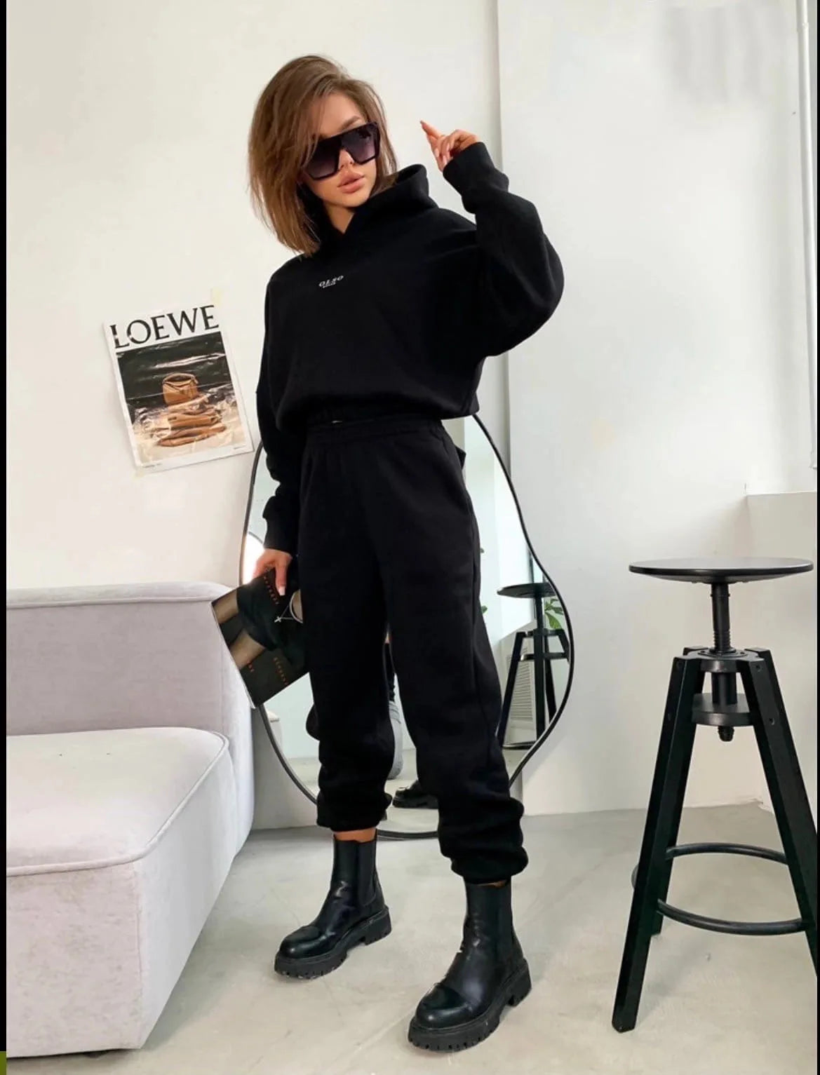 Women 2 Piece Set Autumn Sport Outfits Fleece Oversize Sweatshirt Suit Solid Long Sleeve Hooded Top Elastic Waist Pant Lady