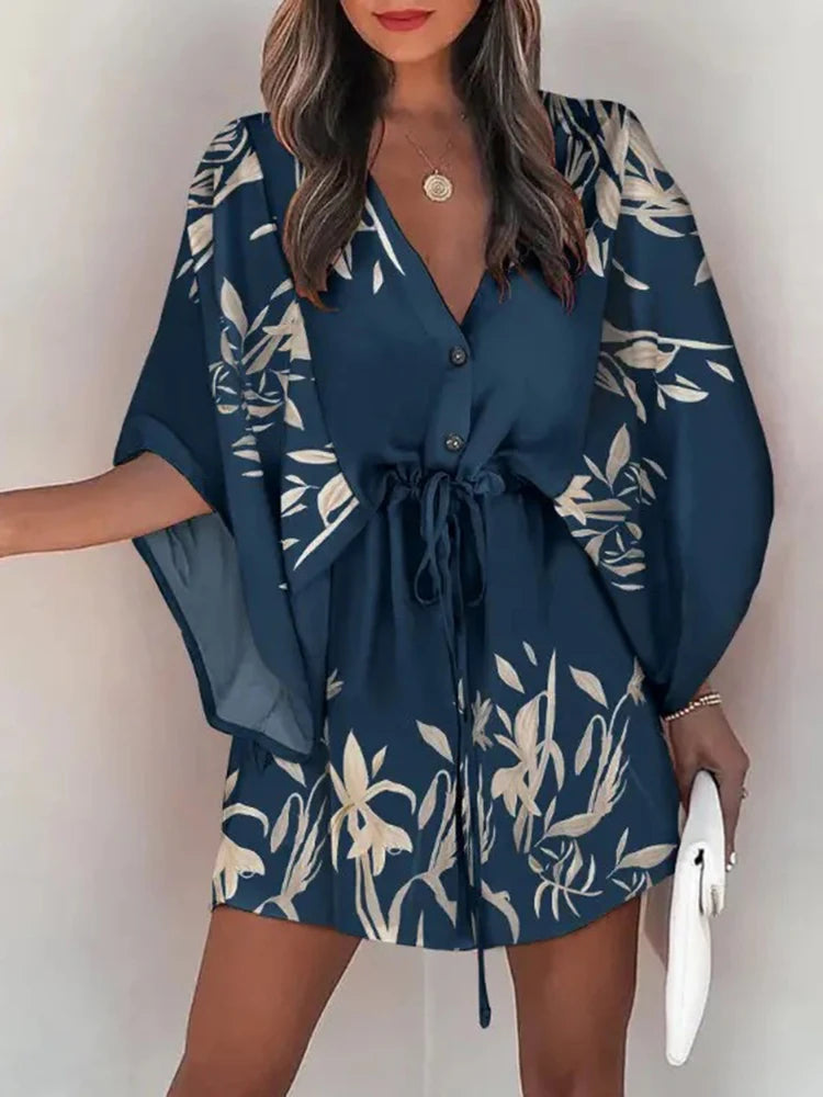 V-neck Flared Sleeve Cover Up For Woman Navy Loose Lace Up Holiday Beach 2024 Summer  Dress Beachwear Vestidos Verano Moda 2024 - GSINAS.com