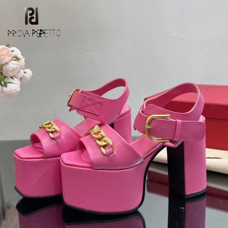 Sandal Shoes High Heel Platform Metal Chain Strap Party Shoe Squared Toe T-show Sapatos Chic Fashion Shoe
