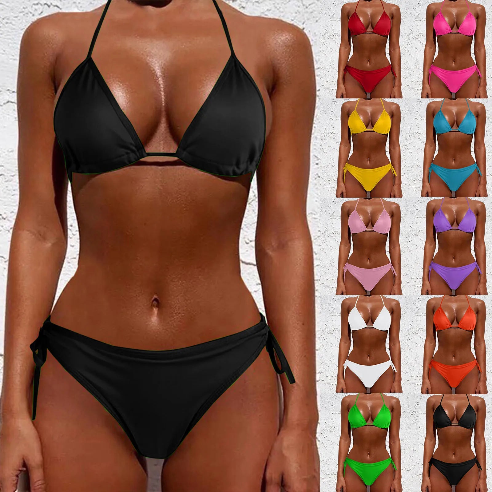 Women'S Split Bikini Set Fashion Classic Simple Solid Color Swimsuit Sexy Lace-Up Lightweight Thin Bikini Set Causal Beachwear - GSINAS.com