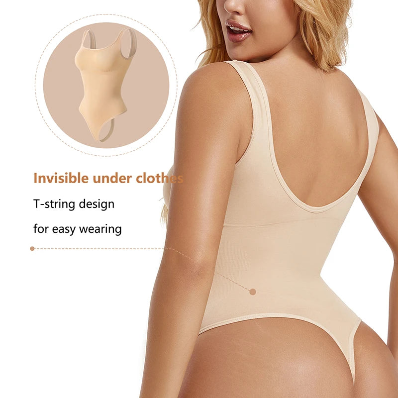 Tummy Control Shapewear Bodysuit - Seamless Square Neck Thong Bodysuit for Corset Body Sculpting.