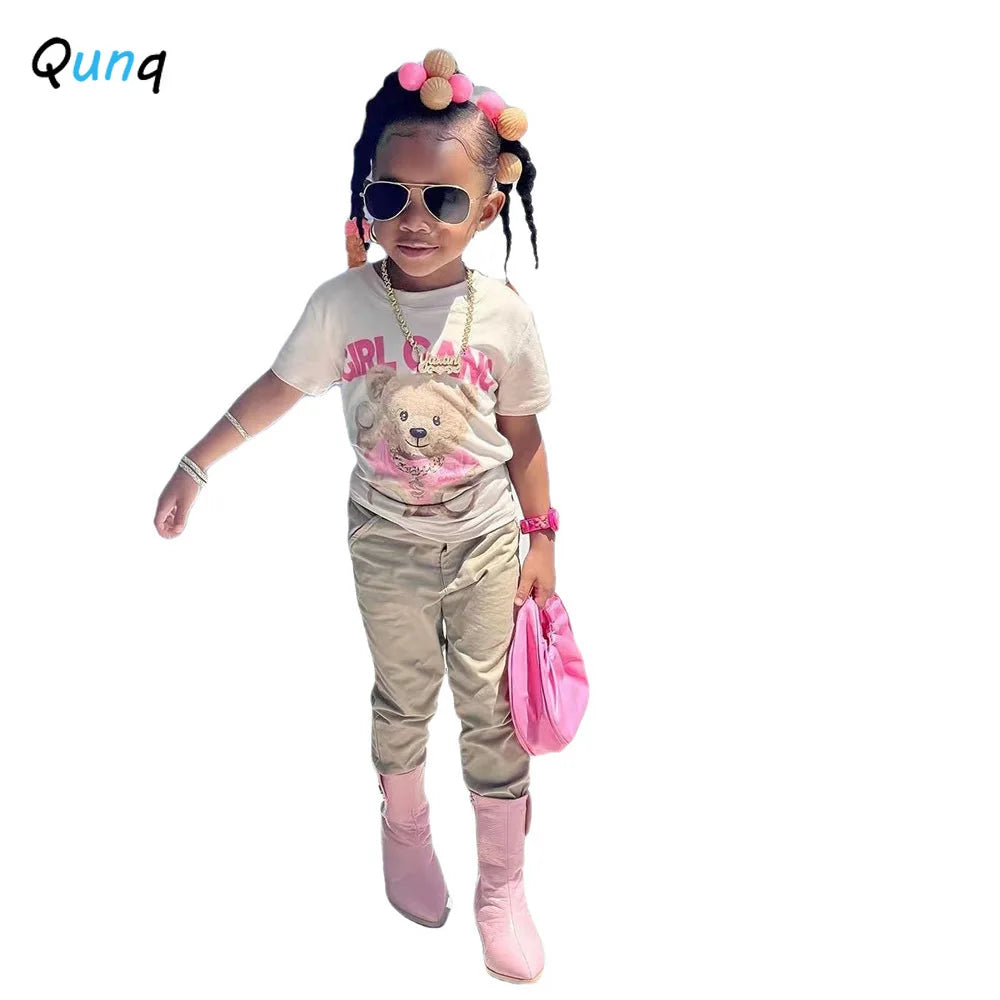 Qunq 2023 Summer New Girls Fashion O Neck Print Short Sleeve Pullover Top + Pants 2 Pieces Set Casual Kids Clothes Age 3T-8T - GSINAS.com