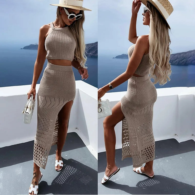 Beachwear Women Summer Dress Vacation Outfits for 2023 New Ladies Split Skirt Two Piece Solid Spandex Beach CoverUp - GSINAS.com